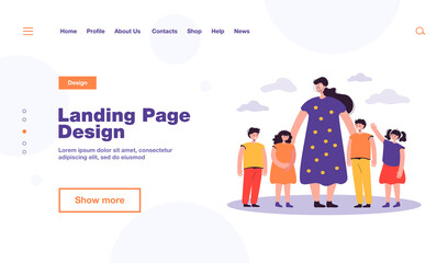 Female teacher and kids walking outdoors. Woman watching group of school children on grass. Vector illustration for pedagogy, education, daycare concept