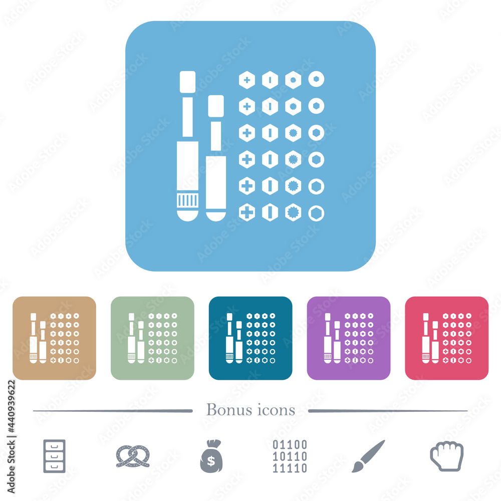 Poster set of screwdriver bits flat icons on color rounded square backgrounds