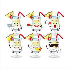 Pina colada cartoon character with various types of business emoticons