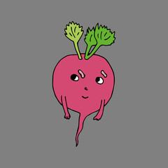Funny cartoon character of radish. Vegetables and fruits. Vector illustration. Isolated. Doodles. Comics. Coloring pages for children and adults.