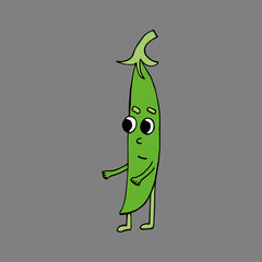 Funny cartoon character of green pea strings. Vegetables and fruits. Vector illustration. Isolated. Doodles. Comics. Coloring pages for children and adults.