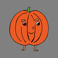 Funny cartoon pumpkin character. Vegetables and fruits. Vector illustration. Isolated. Doodles. Comics. Coloring pages for children and adults.