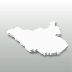 South Sudan - white 3D silhouette map of country area with dropped shadow on grey background. Simple flat vector illustration.