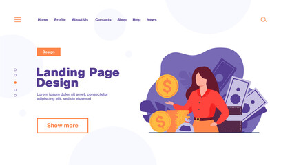 Banker offering loan. Investor or entrepreneur getting income. Woman with heap of cash, sack and wallet. Vector illustration for finance, money, financial success, profit, business concept