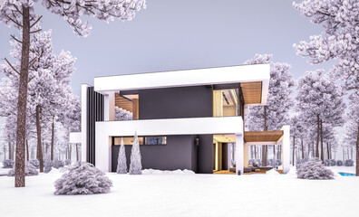3d rendering of modern cozy house with pool and parking for sale or rent in luxurious style and beautiful landscaping on background. Cool winter evening with cozy light from windows