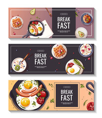 Set of promo banners for breakfast menu, healthy eating, nutrition, cooking, fresh food, dessert, diet, pastry, cuisine. Vector illustration for banner, flyer, cover, advertising, menu, poster.