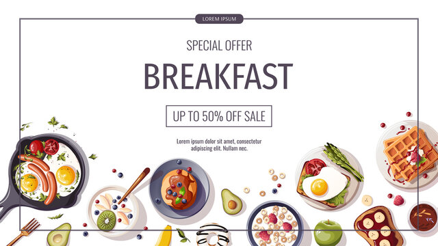 Promo flyer for breakfast menu, healthy eating, nutrition, cooking,  fresh food, dessert, diet, pastry, cuisine. Vector illustration for banner, flyer, cover, advertising, menu, poster.