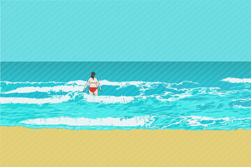 Escena playera con una mujer de espaldas en el agua.