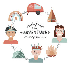 Kids camping concept in tribal style, adventure frame with The Adventure Begins lettering. Recreation and outdoor travel background, vector illustration