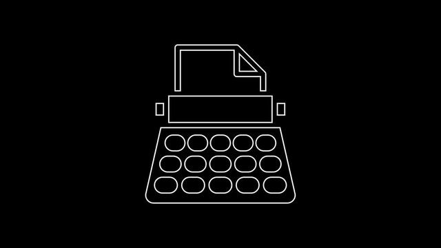 White line Retro typewriter and paper sheet icon isolated on black background. 4K Video motion graphic animation