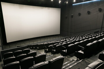 Empty cinema hall with bolshmi white screen.