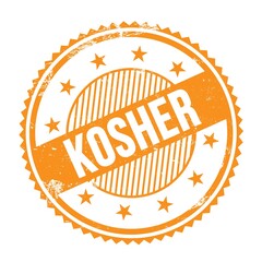 KOSHER text written on orange grungy round stamp.