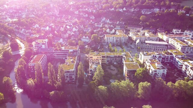 Aerial footage of pan over scenic green neighbourhood in Tübingen in Southern Germany
