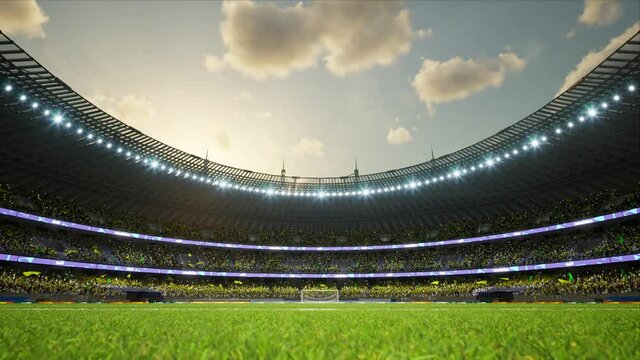 soccer stadium with fans cloudy evening crowd waiting game clamping and waving flags . High quality 4k footage
