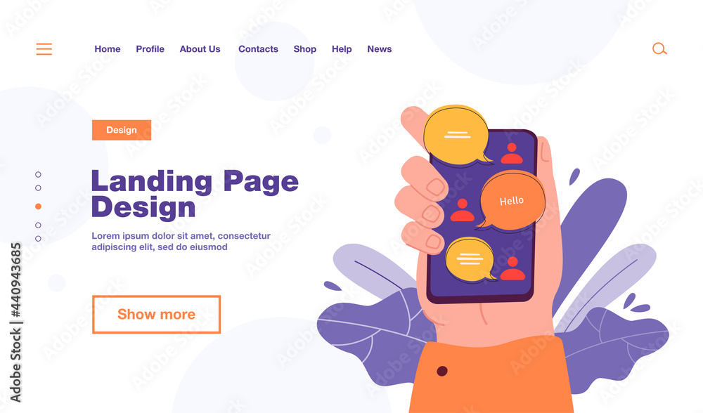 Poster hand holding smartphone with online chat interface, sent and received messages on screen. vector ill