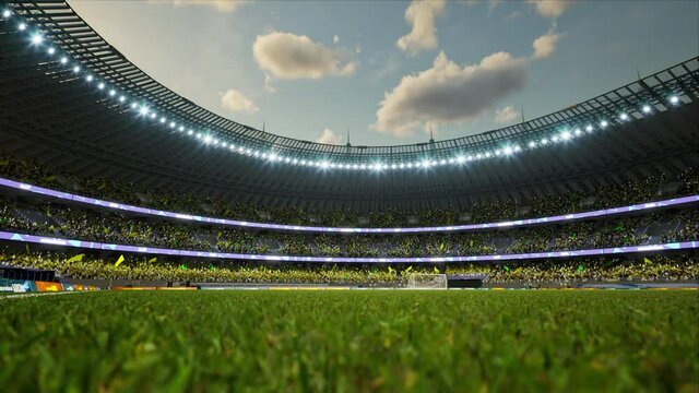 soccer stadium with fans cloudy evening crowd waiting game clamping and waving flags . High quality 4k footage