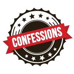 CONFESSIONS text on red brown ribbon stamp.