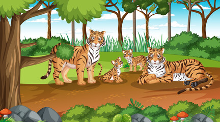 Obraz na płótnie Canvas Tiger family in forest or rainforest scene with many trees