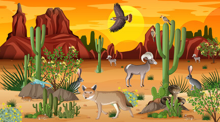 Desert forest landscape at sunset time scene with wild animals