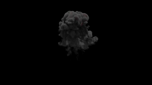 Realistic explosion with fire and smoke on black screen in 4k UHD animation.