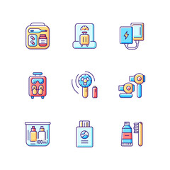 Airplane passenger travelling things RGB color icons set. First aid kit. Weighing baggage. Isolated vector illustrations. Mini size objects for tourist comfort simple filled line drawings collection