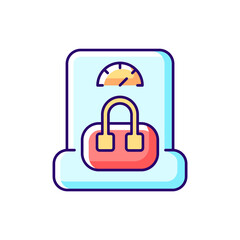 Hand baggage weight RGB color icon. Handbag weighing in airport. Luggage check for passenger. Essential things for tourist. Isolated vector illustration. Travel size objects simple filled line drawing