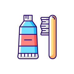 Travel toothbrush RGB color icon. Mini brush and toothpaste. Portable hygiene amenities. Essential things for tourist. Isolated vector illustration. Travel size objects simple filled line drawing