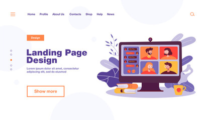 People meeting online via video conference flat vector illustration. Cartoon group of colleagues on virtual collective chat during lockdown. Videoconference and digital technology concept