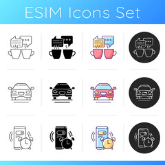 Daily routine activities icons set. Meeting friends over coffee. Sedan car for everyday trips. Alarm clock on smartphone. Linear, black and RGB color styles. Isolated vector illustrations