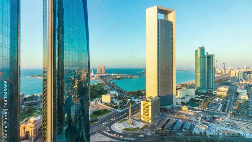 Canvas Prints ABU DHABI, UNITED ARAB EMIRATES - Dec 16, 2018: This is a timelapse video of the Abu Dhabi skyline showing ADNOC's building and the iconic Etihad Towers in Downtown Abu Dhabi.