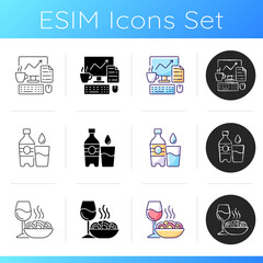 Everyday routine icons set. Workplace for remote employee. Freelance computer. Water drink in cup. Dinner food. Daily activities. Linear, black and RGB color styles. Isolated vector illustrations