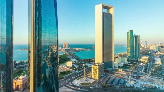 ABU DHABI, UNITED ARAB EMIRATES - Dec 16, 2018: This is a timelapse video of the Abu Dhabi skyline showing ADNOC's building and the iconic Etihad Towers in Downtown Abu Dhabi.