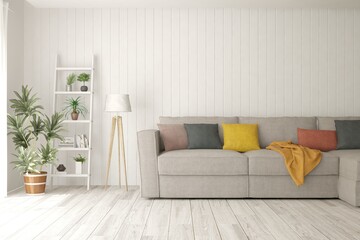 Soft color living room with sofa. Scandinavian interior design. 3D illustration