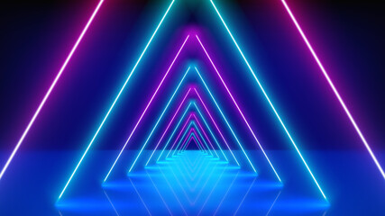 Glowing neon lines, tunnel, abstract technological background, virtual reality. Pink blue purple neon triangular corridor, perspective. Ultraviolet bright glow. Vector illustration - obrazy, fototapety, plakaty