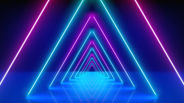 Glowing neon lines, tunnel, abstract technological background, virtual reality. Pink blue purple neon triangular corridor, perspective. Ultraviolet bright glow. Vector illustration © valerybrozhinsky