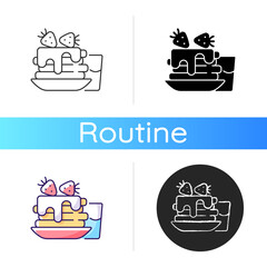 Breakfast icon. Sweet pancakes with coffee drink. Classic american diner order. Stack of cakes with cream. Everyday routine meal. Linear black and RGB color styles. Isolated vector illustrations