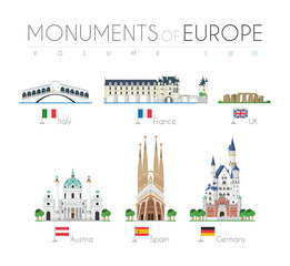 Monuments of Europe in cartoon style Volume 2: Rialto Bridge, Chenonceau Castle, Stonehenge, Karlskirche, Sagrada Familia and Neuschwanstein Castle. Vector illustration - obrazy, fototapety, plakaty