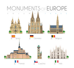 Monuments of Europe in cartoon style Volume 3: Santiago de Compostela Cathedral, Cologne Cathedral, Brussels Town Hall, Saint Michel, Astronomical Clock Tower and Duomo Milan. Vector illustration - obrazy, fototapety, plakaty