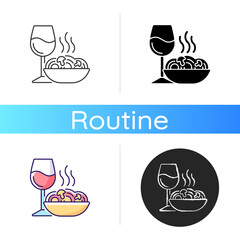 Dinner icon. Spaghetti and wine glass. Romantic meal. Restaurant order. Cafe menu. Dish recipe. Everyday daily routine. Linear black and RGB color styles. Isolated vector illustrations