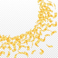 Korean won notes falling. Small WON bills on transparent background. Korea money. Cute vector illustration. Splendid jackpot, wealth or success concept.