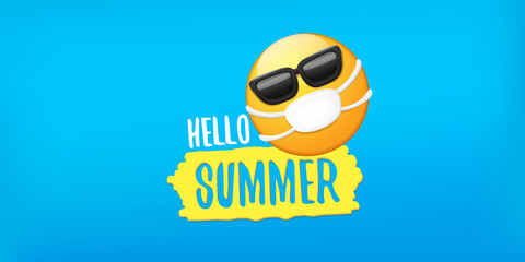 Hello summer concept with yellow Emoji sticker with mouth medical protection mask and sunglasses isolated on blue horizontal banner background. Vector hello summer poster or flyer with emoji