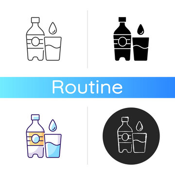 Water icon. Hydration for fitness. Mineral aqua. Fluids to avoid thirst. Water bottle to prevent dehydration. Everyday routine. Linear black and RGB color styles. Isolated vector illustrations