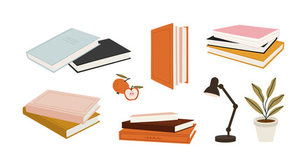 Vector illustration of stacks of books, apple, lamp, plant, isolated on white. Hand-drawn set, in flat style. Objects for learning, reading. School tools. Suitable for book shops, a publishing houses.