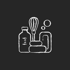 DIY soap chalk white icon on dark background. Natural and aromatic product. Melt-and-pour soap. Soapmaking supplies. Adding herbs and essential oils. Isolated vector chalkboard illustration on black