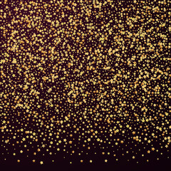 Gold stars luxury sparkling confetti. Scattered small gold particles on red maroon background. Amazing festive overlay template. Beautiful vector illustration.