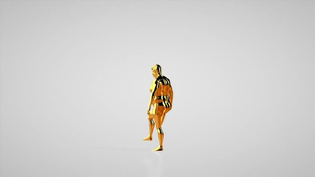 Golden fat man morphing into muscular fit, camera rotating, white studio