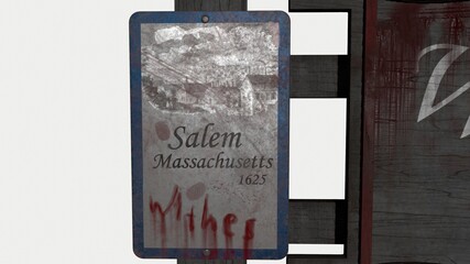 old wooden road sign isolated on white welcome to salem horror withes death 3d-illustration 3d-rendering