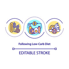 Following low carb diet concept icon. Special foods for disease treatment. Healthy meals preparing abstract idea thin line illustration. Vector isolated outline color drawing. Editable stroke