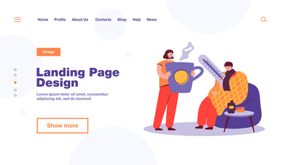 Man having cold and flu, wrapping himself in plaid, measuring body temperature. Girl taking care about sick boyfriend, giving hot drink to him