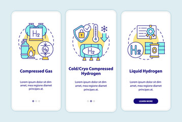 Hydrogen storage types onboarding mobile app page screen. Compressed gas walkthrough 3 steps graphic instructions with concepts. UI, UX, GUI vector template with linear color illustrations